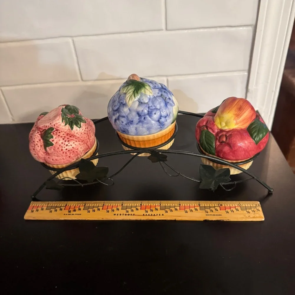 Ceramic Fruit Canister Set Metal Rack Cottagecore Strawberry blueberry apples